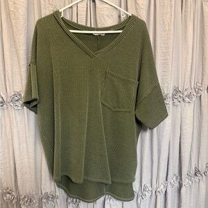 Altar'd State Olive Green Ribbed V-Neck Pocket Sweatshirt